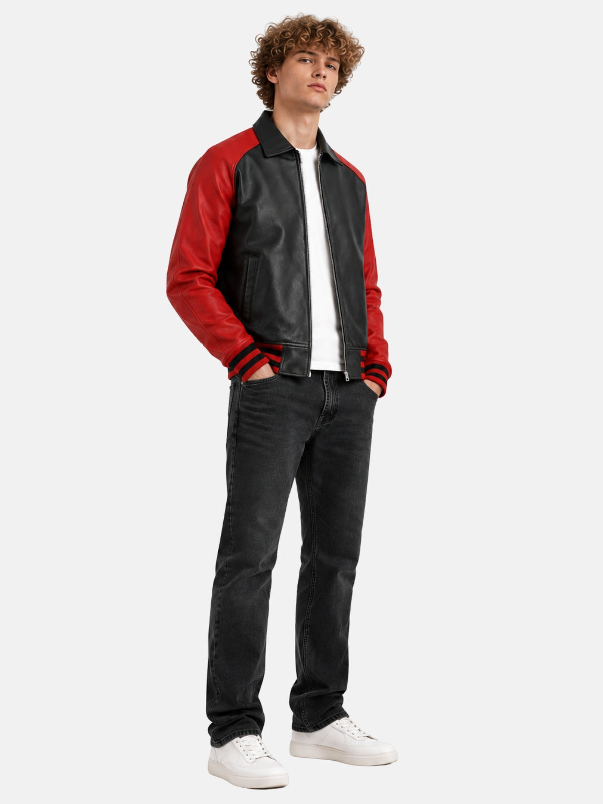Full-length look with black and red leather varsity jacket and washed black jeans