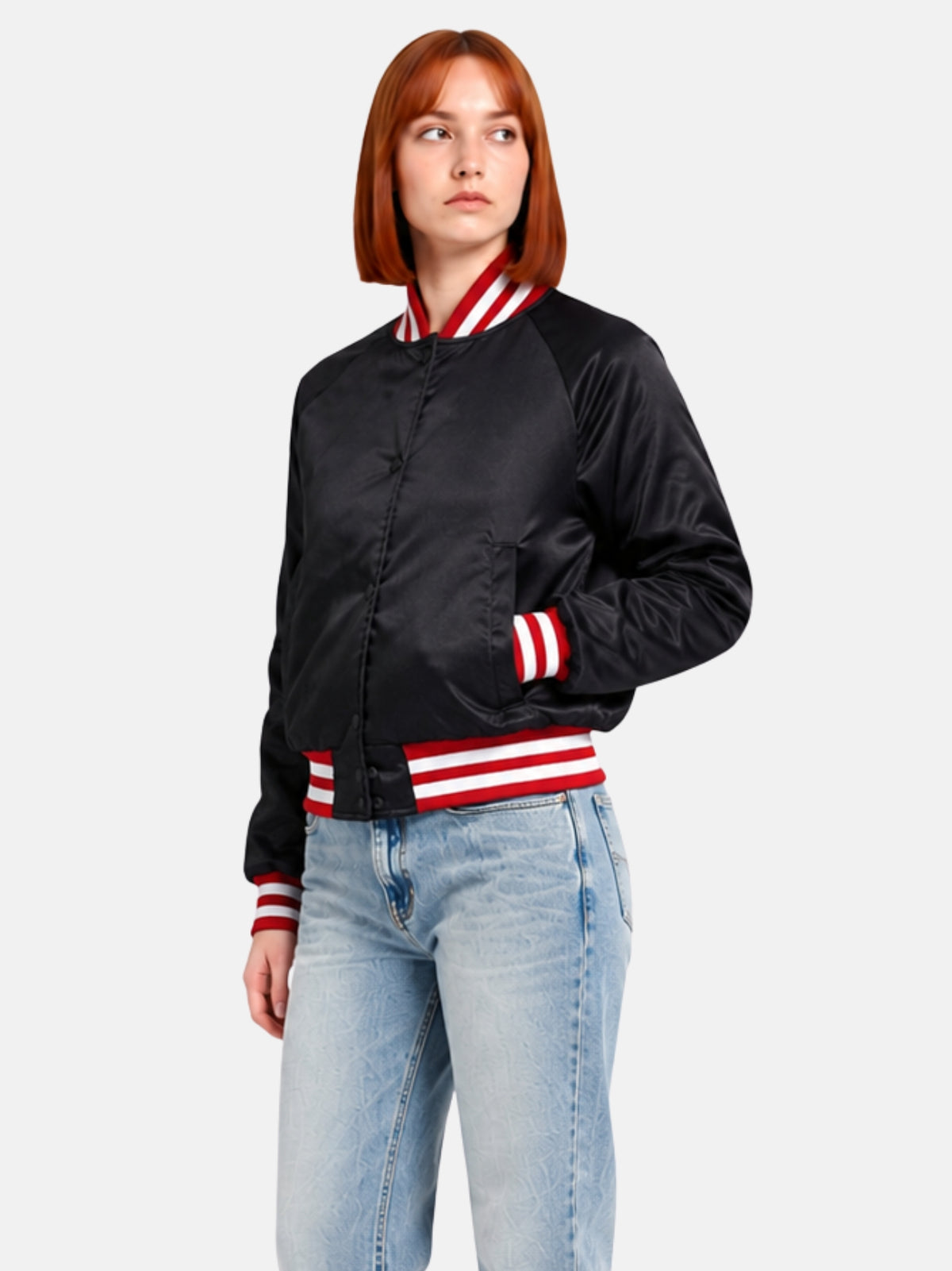 Angled full-body view of black satin jacket with red striped trim