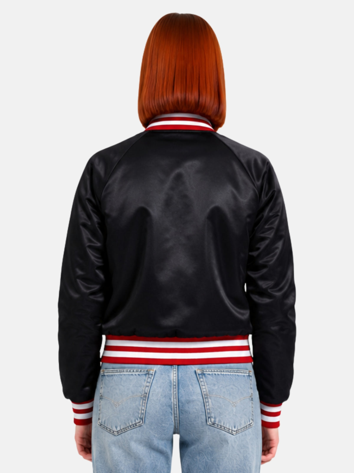 Back view of black satin varsity jacket with red striped trim