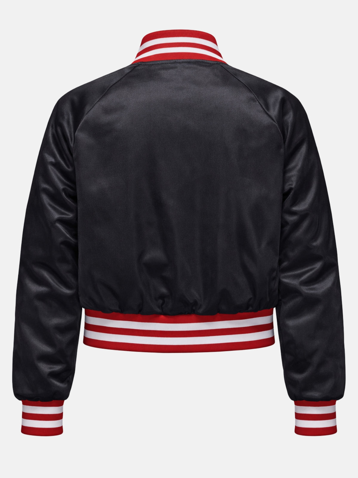 Flat lay back of black satin jacket showing red striped waistband