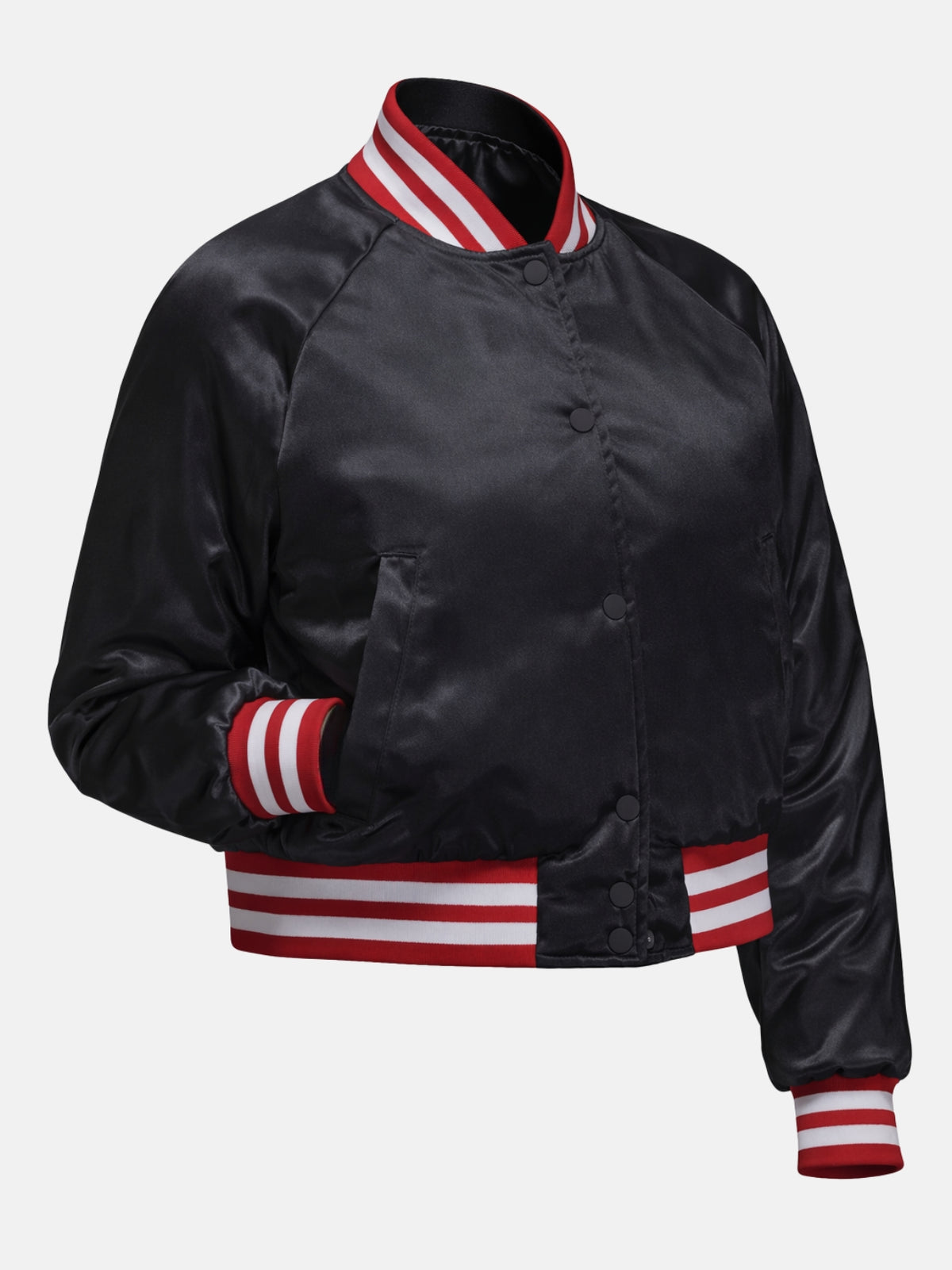 Flat lay front of black satin jacket highlighting snap closure and pocket