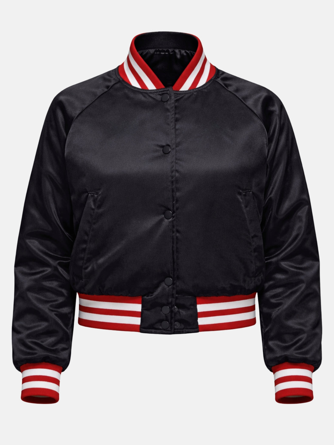 Black satin varsity jacket with red and white striped ribbed collar
