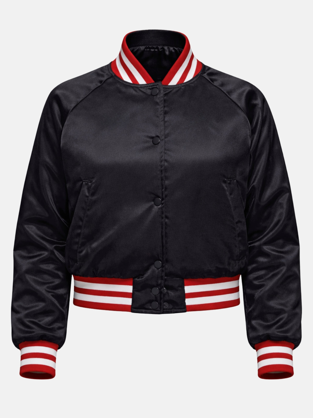 Flat lay front of black satin jacket with red and white ribbed trim