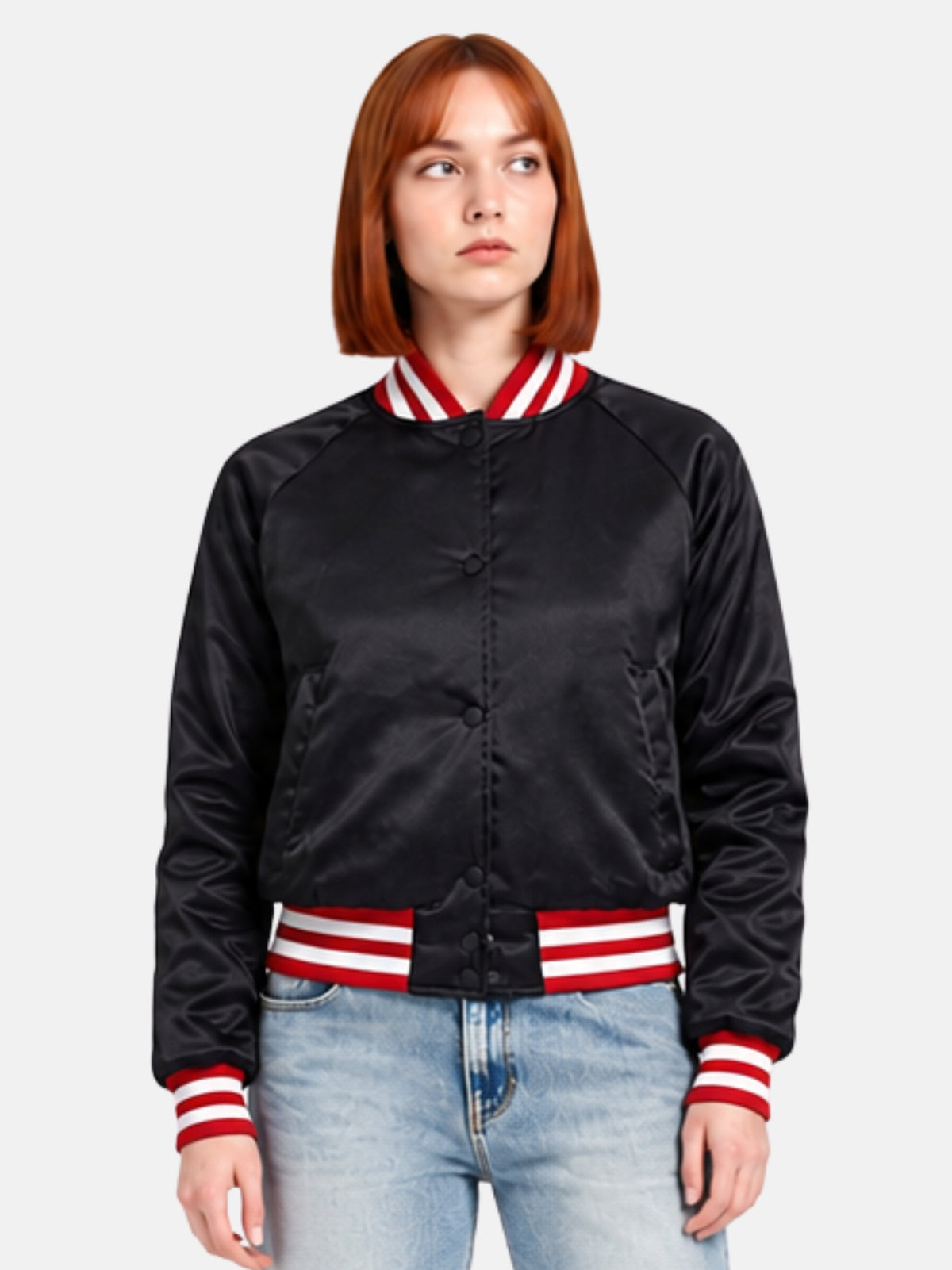 Black satin varsity jacket with red and white striped ribbed collar