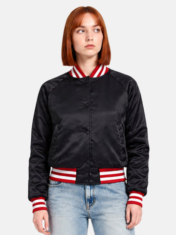 Black satin varsity jacket with red and white striped ribbed collar