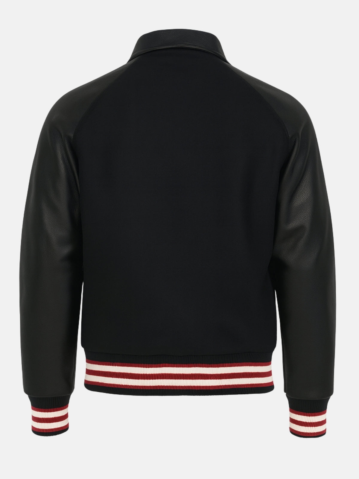 Blank black back panel of collared varsity jacket with red striped trims, customization-ready