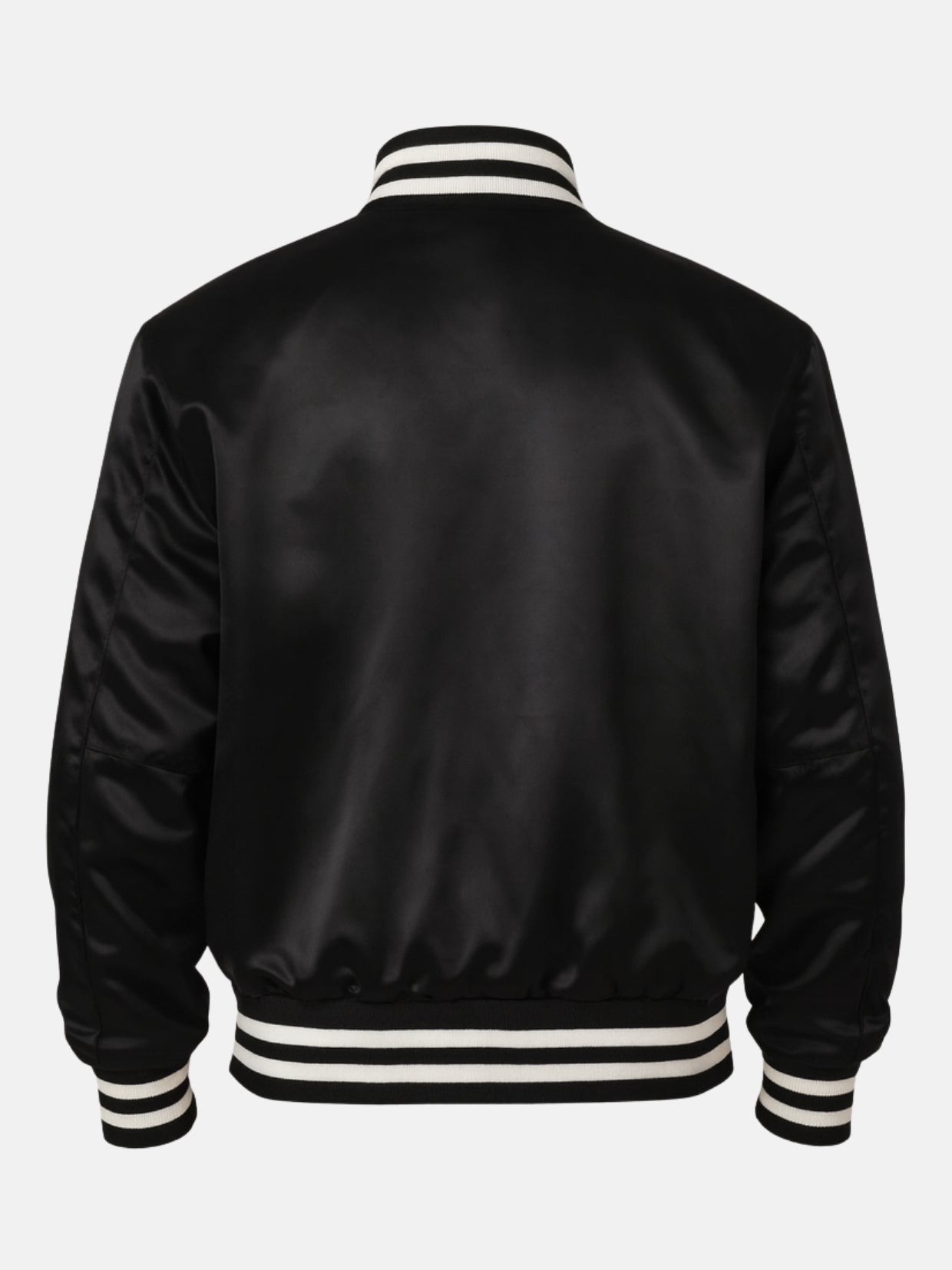 Clean blank back of a black satin baseball-style varsity jacket, flat product shot
