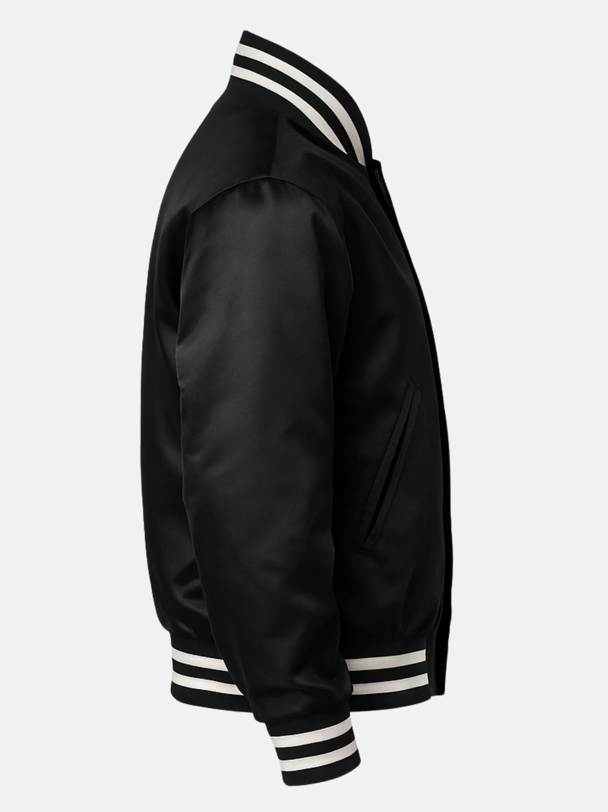 Side view of a black satin bomber-style varsity jacket with slanted welt pocket