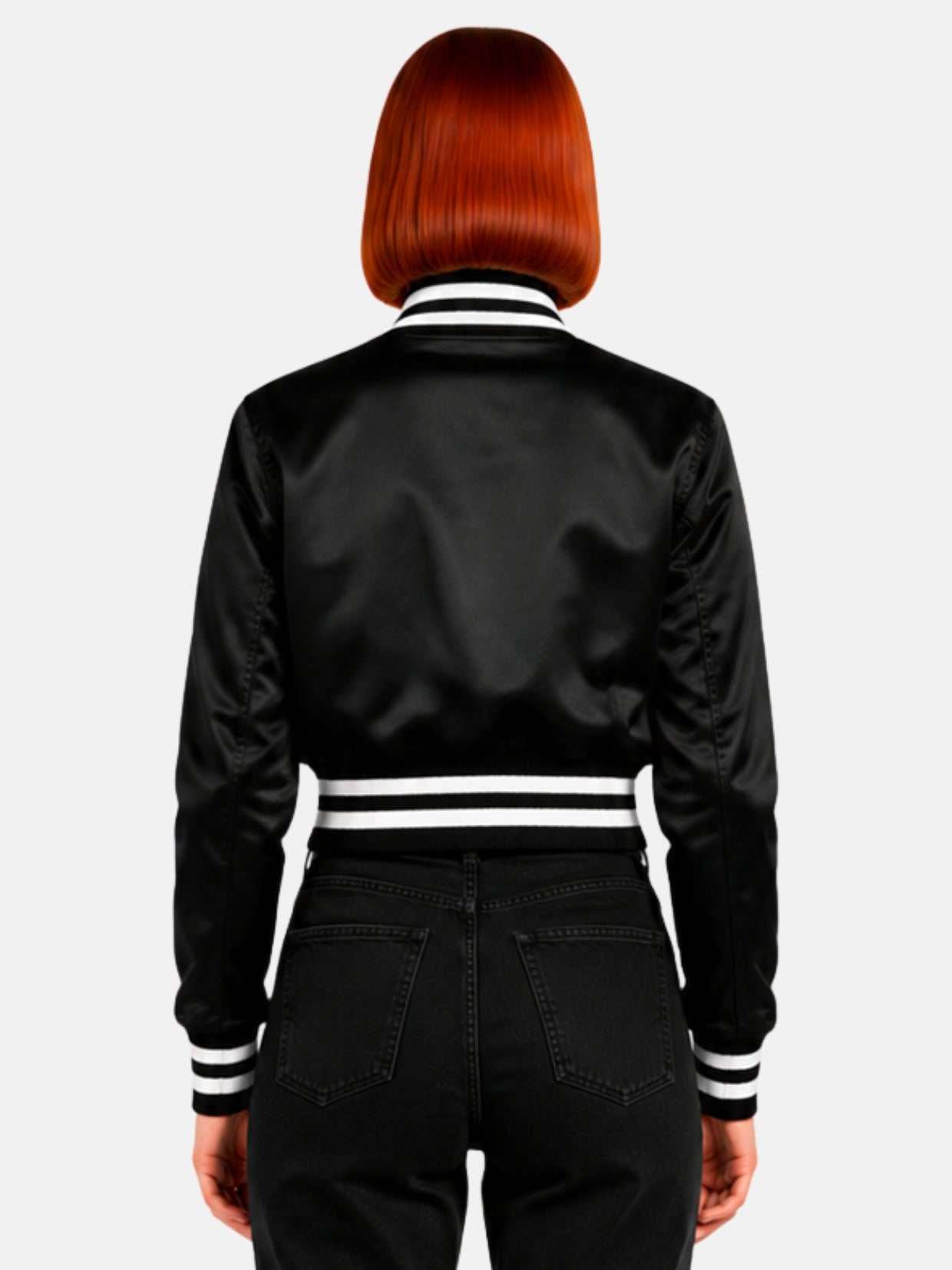 Back view of cropped black satin bomber jacket with striped ribbed hem
