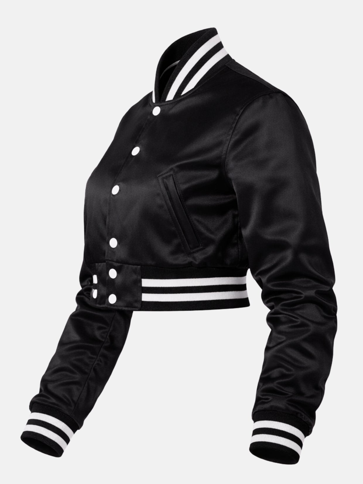 Three-quarter flat lay of black and white ribbed collar and shoulder seam