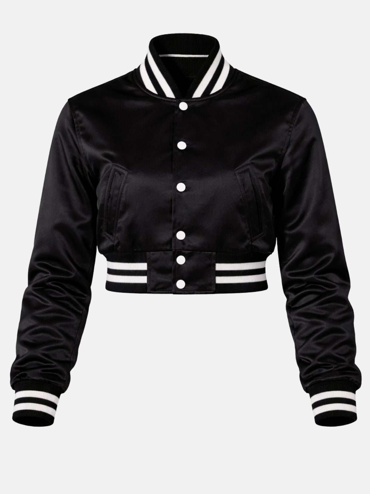 Flat lay of cropped varsity jacket womens style, snap-button placket visible