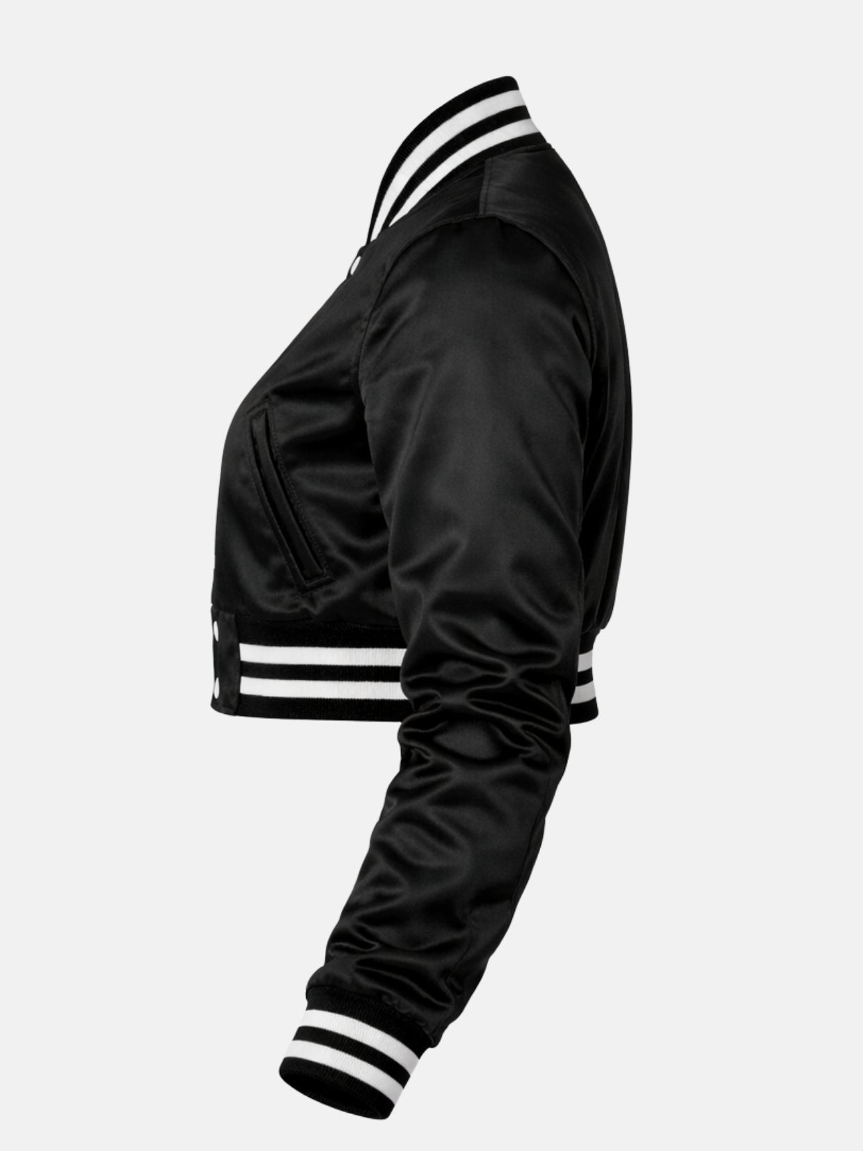 Side angle flat lay, black satin sleeve and slant welt pocket detail