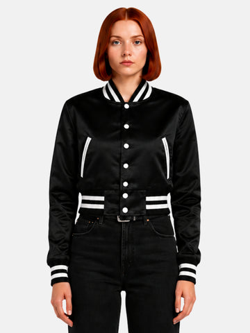 Black satin cropped varsity jacket, worn front view with hands relaxed at sides
