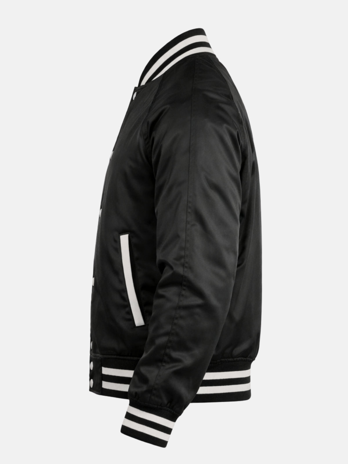 Reverse side view of a black satin varsity jacket with raglan shoulder seam