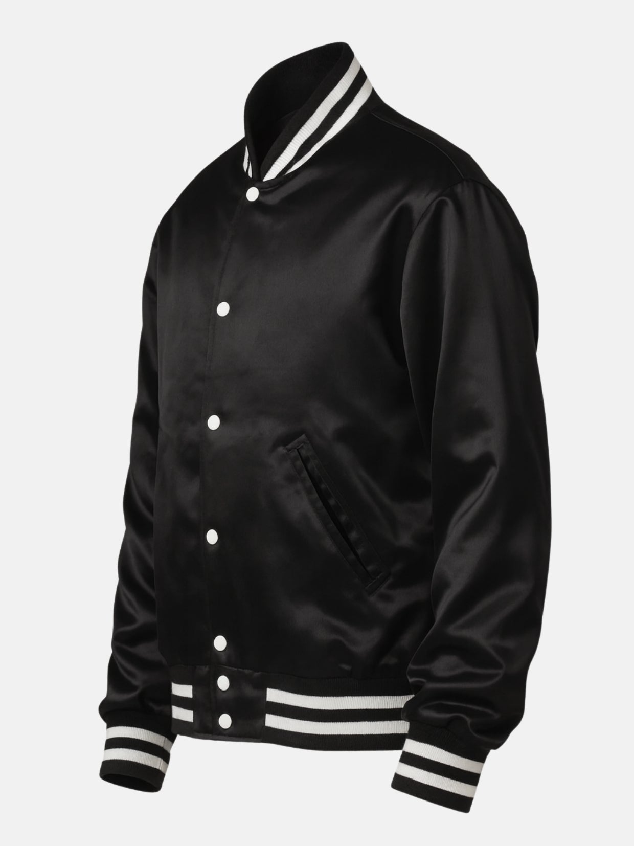 Angled front view of a black satin varsity jacket with pearl snaps and striped hem