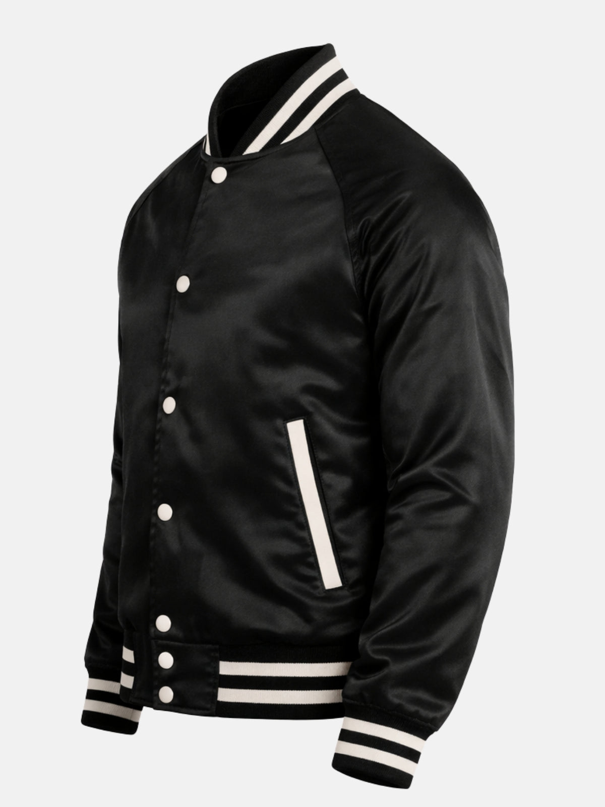 Angled front view of a classic fit black satin varsity jacket with striped rib trims