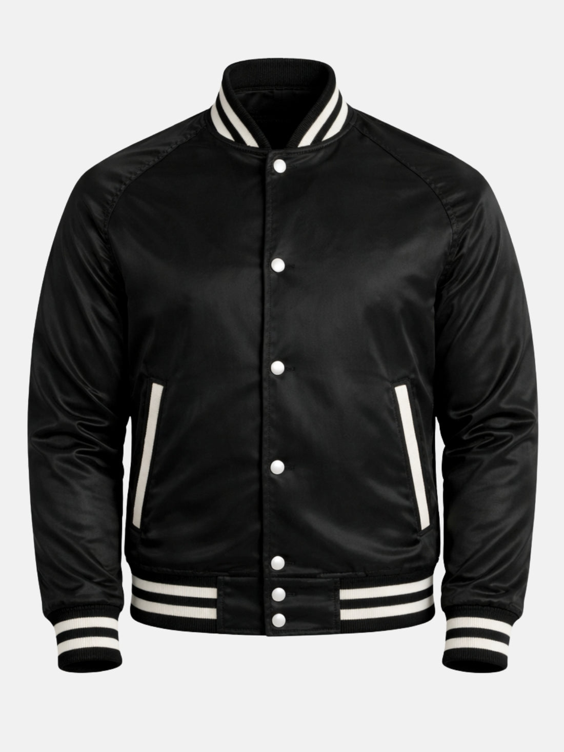 Man wearing a black satin varsity jacket with raglan sleeves and cream striped trims