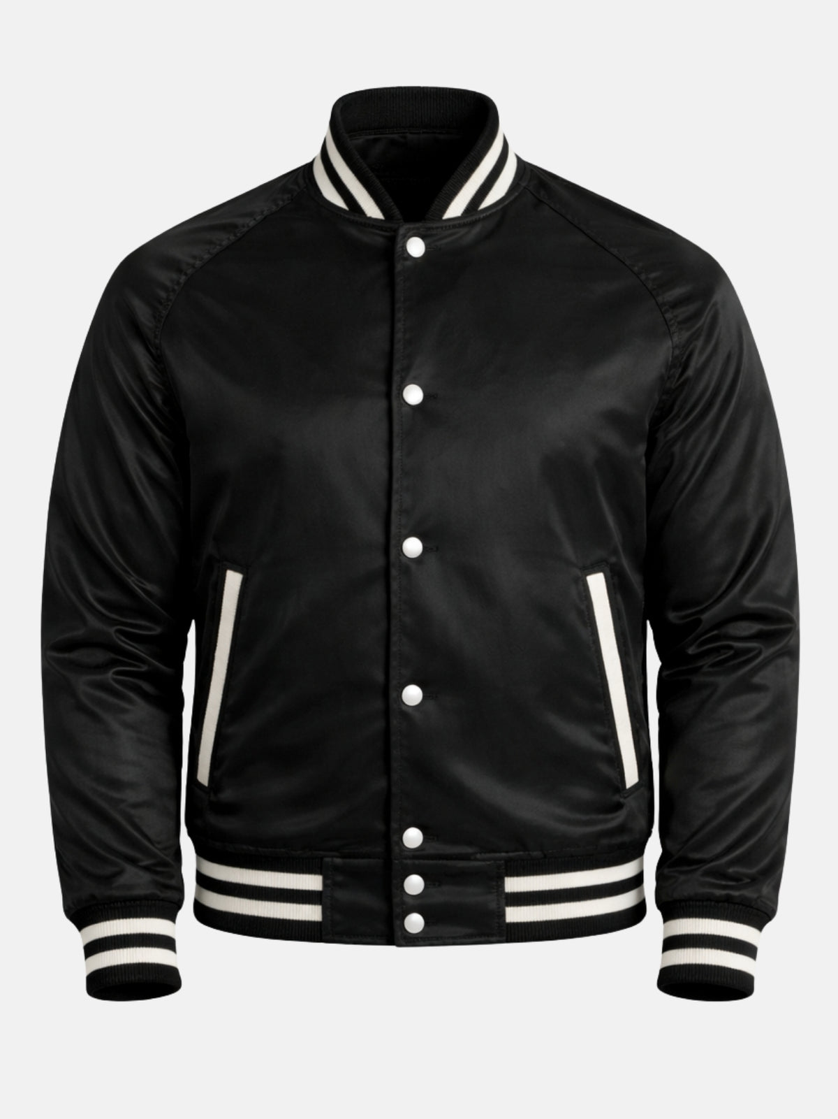 Front flat shot of a black satin varsity jacket with cream stripes and white snaps