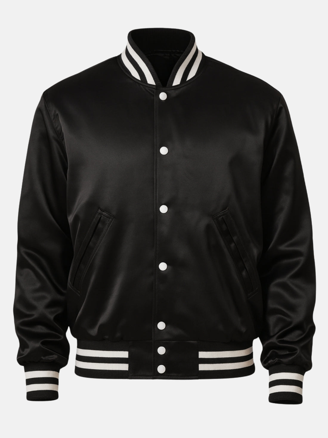 Man wearing a black satin varsity jacket with white pearl snaps and striped rib trims
