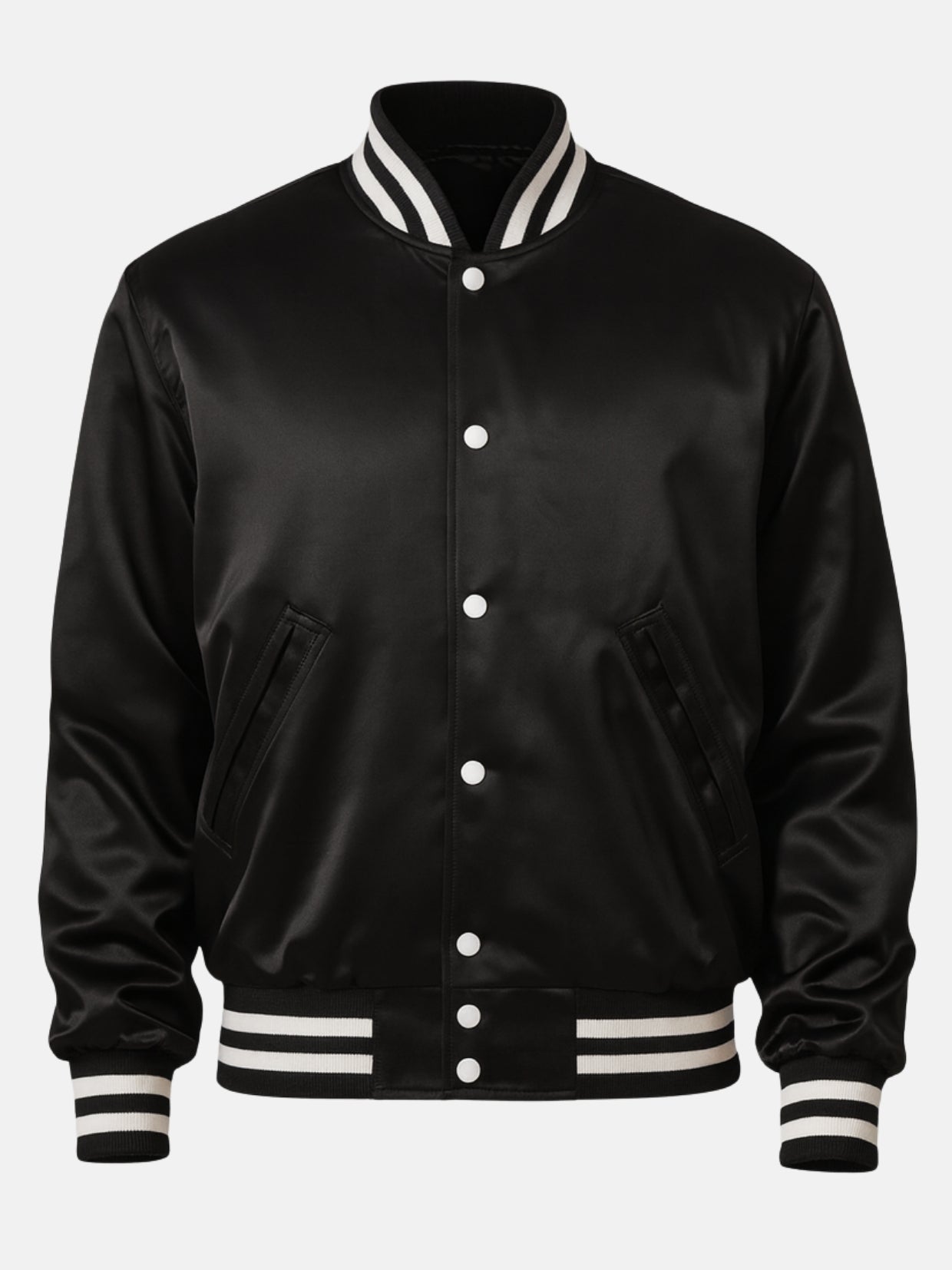 Front flat shot of a black satin varsity jacket with white pearl snap placket