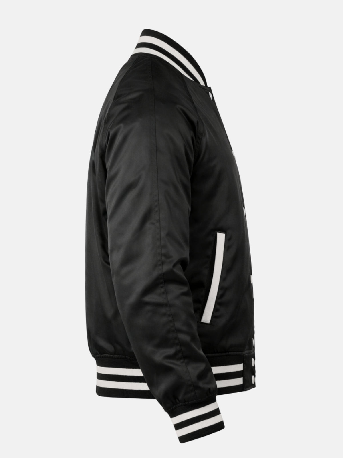 Side flat view of a black satin varsity jacket with cream-piped vertical welt pocket