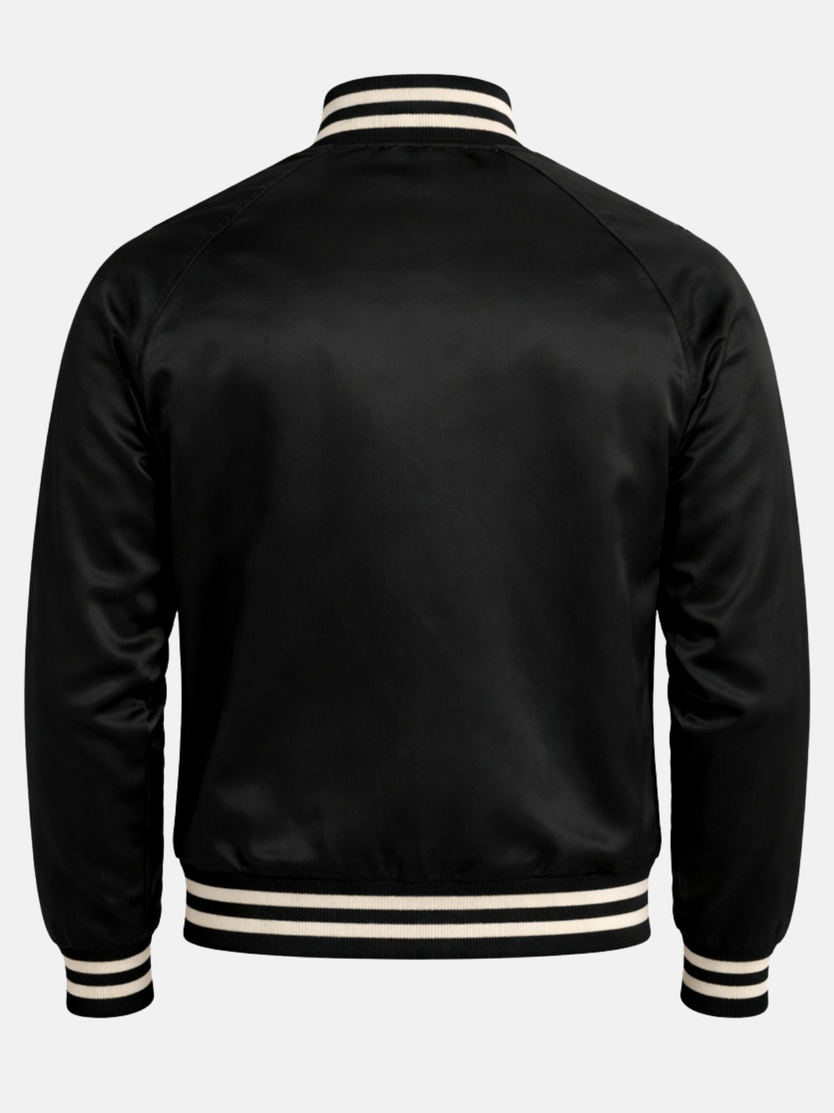 Clean blank back of a black satin raglan varsity jacket, flat product shot