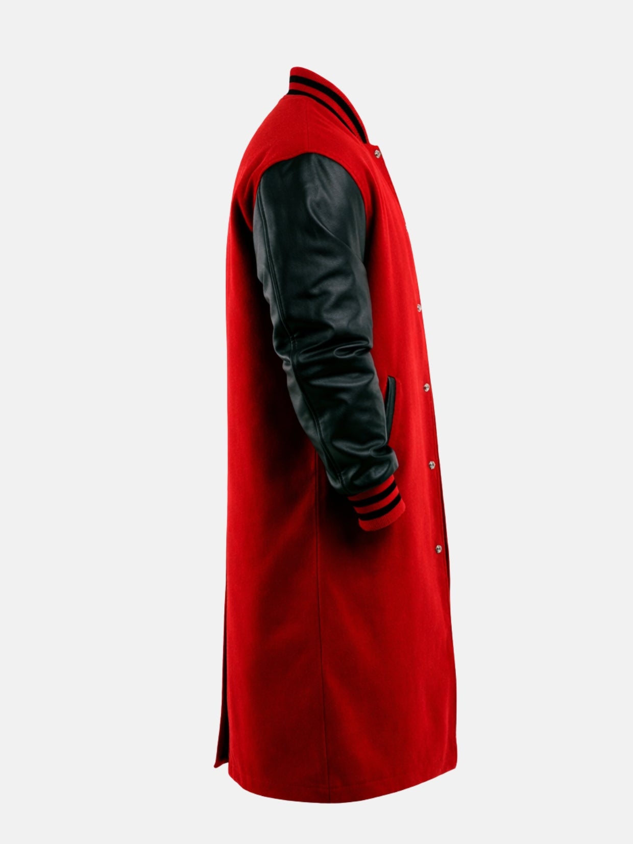 Black leather sleeve and welt pocket of red wool varsity coat, side view