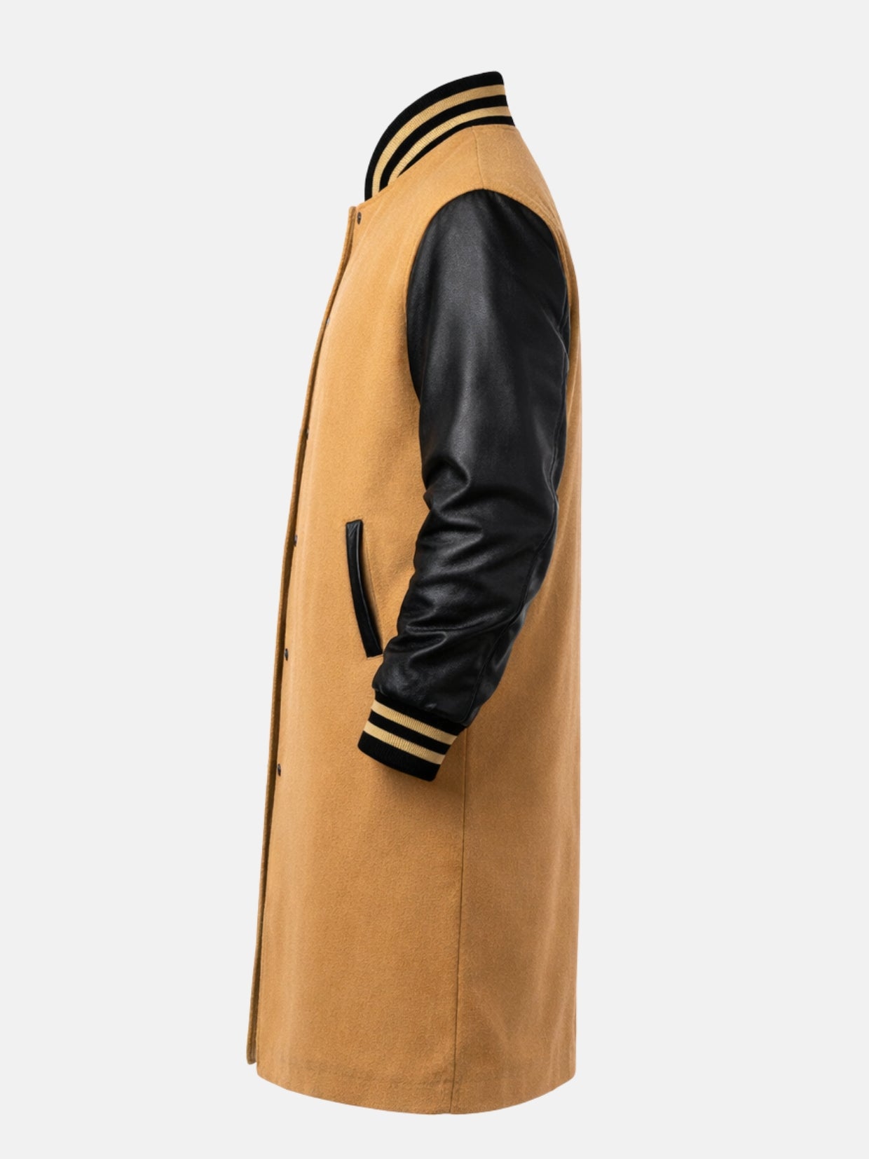 Black leather sleeve and welt pocket of tan wool varsity coat, side view