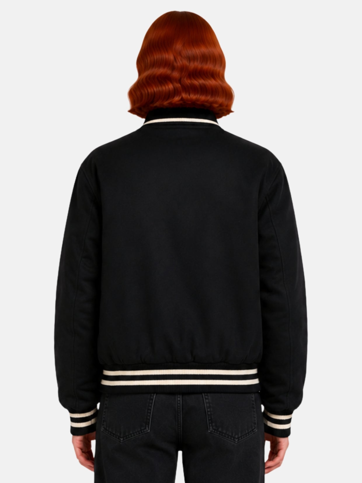 Back view of black suede varsity jacket with cream ribbed collar