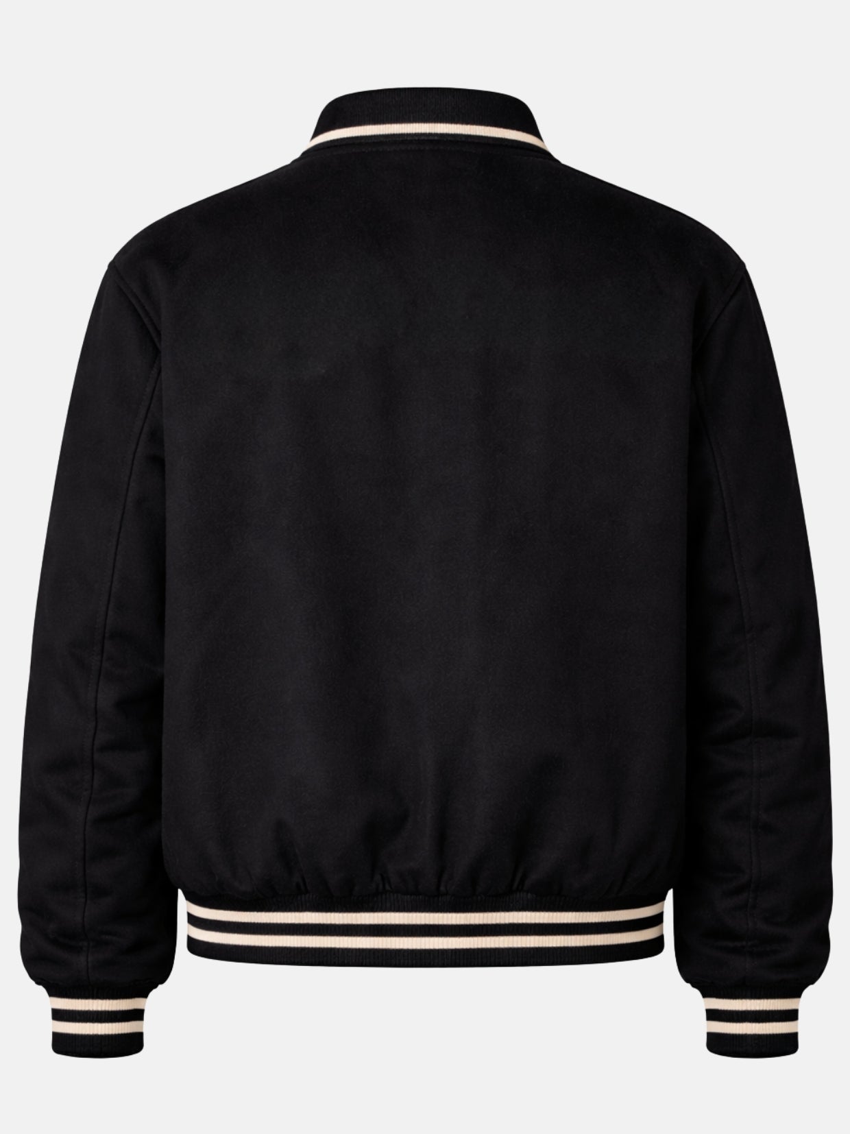 Flat lay back of black suede letterman jacket showing clean back panel