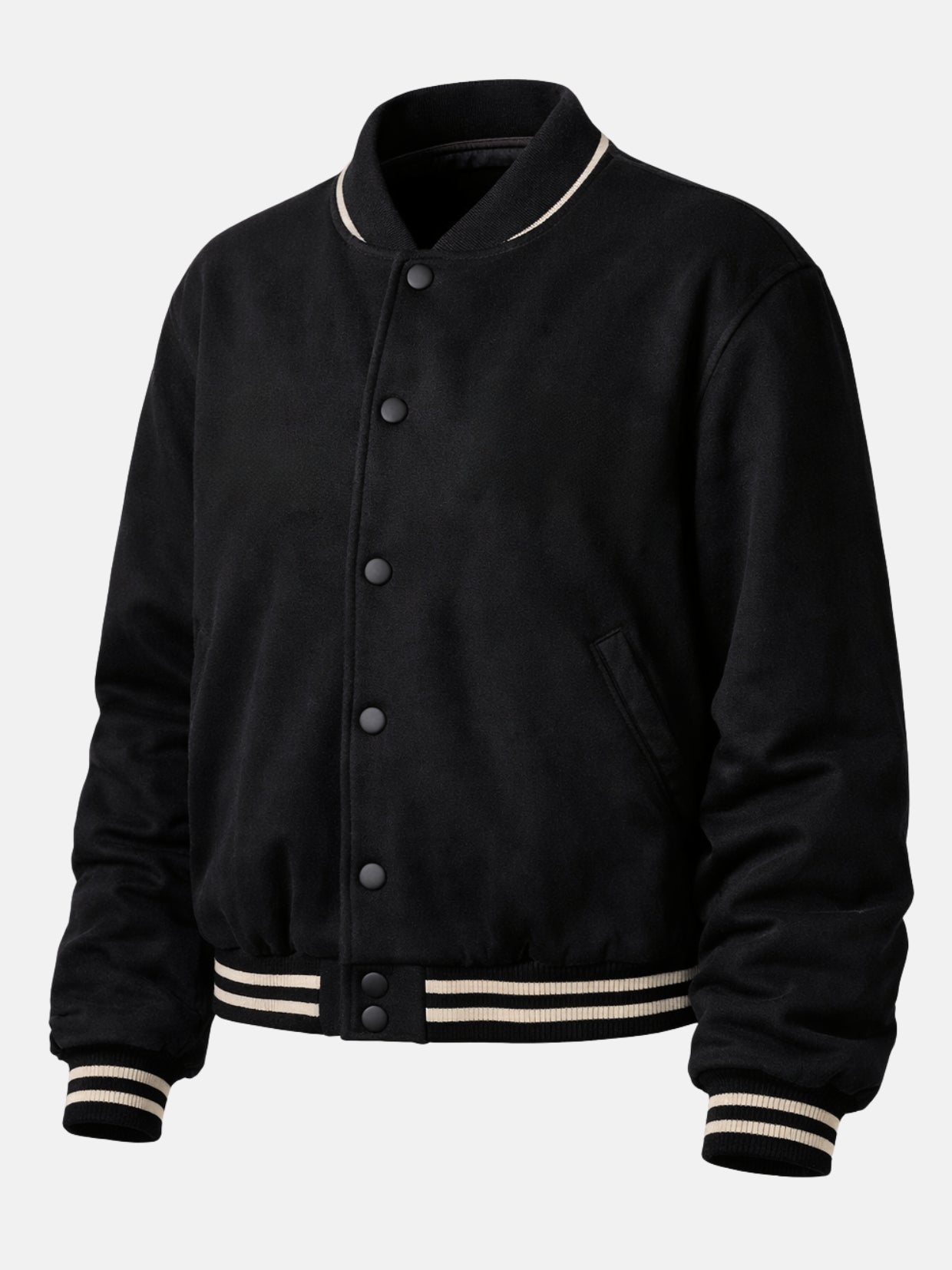 Flat lay front of black suede jacket highlighting snap closure and pockets