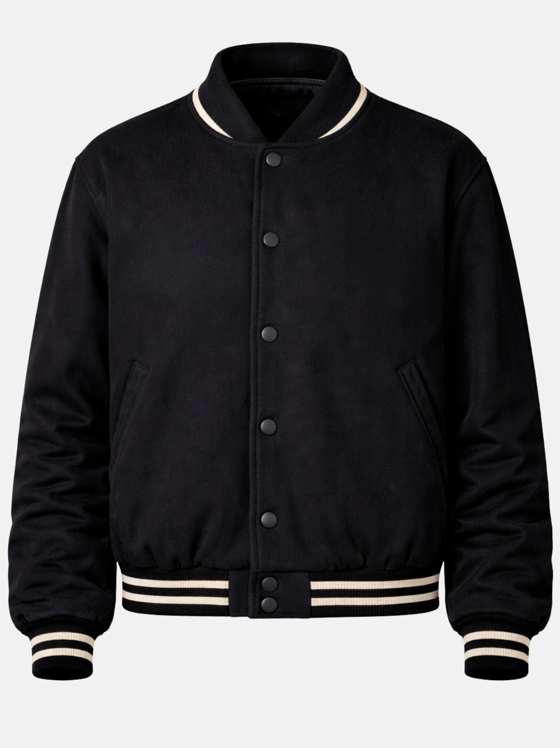 Black suede-finish varsity jacket with cream ribbed collar trim