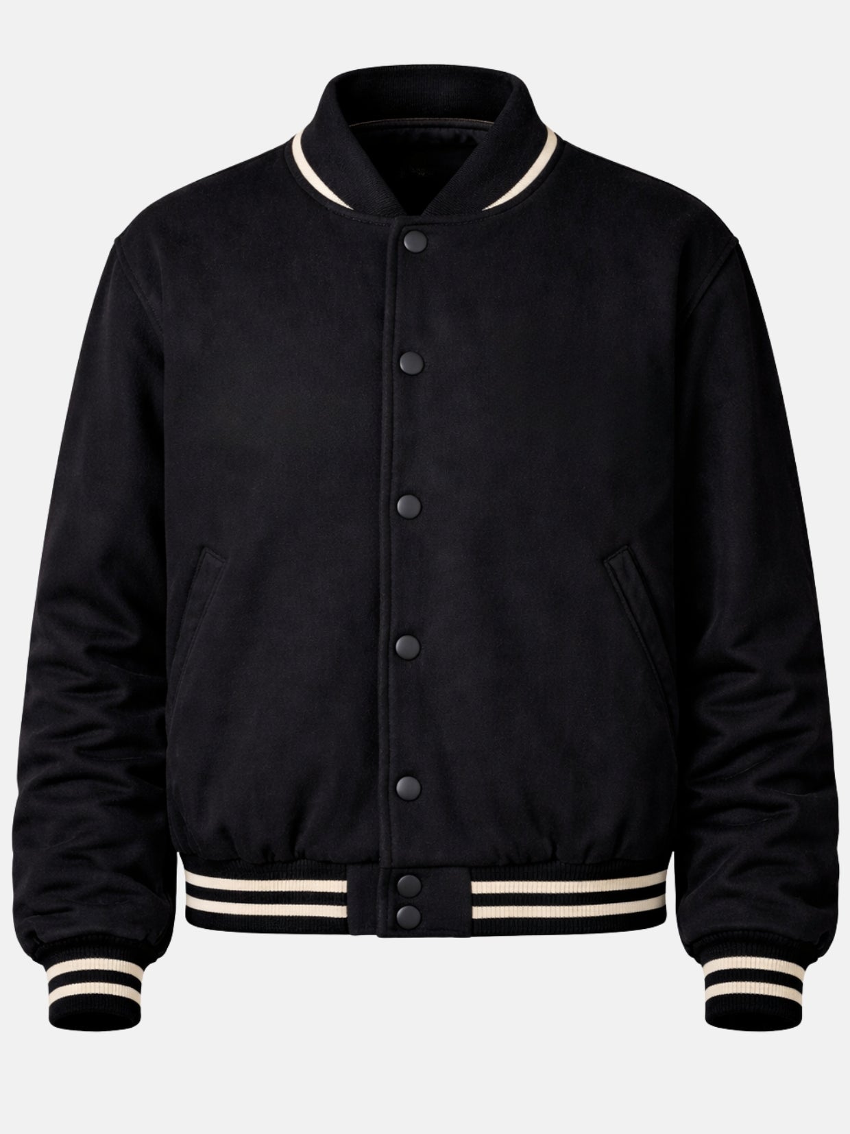 Flat lay front of black suede jacket with cream double-stripe trim