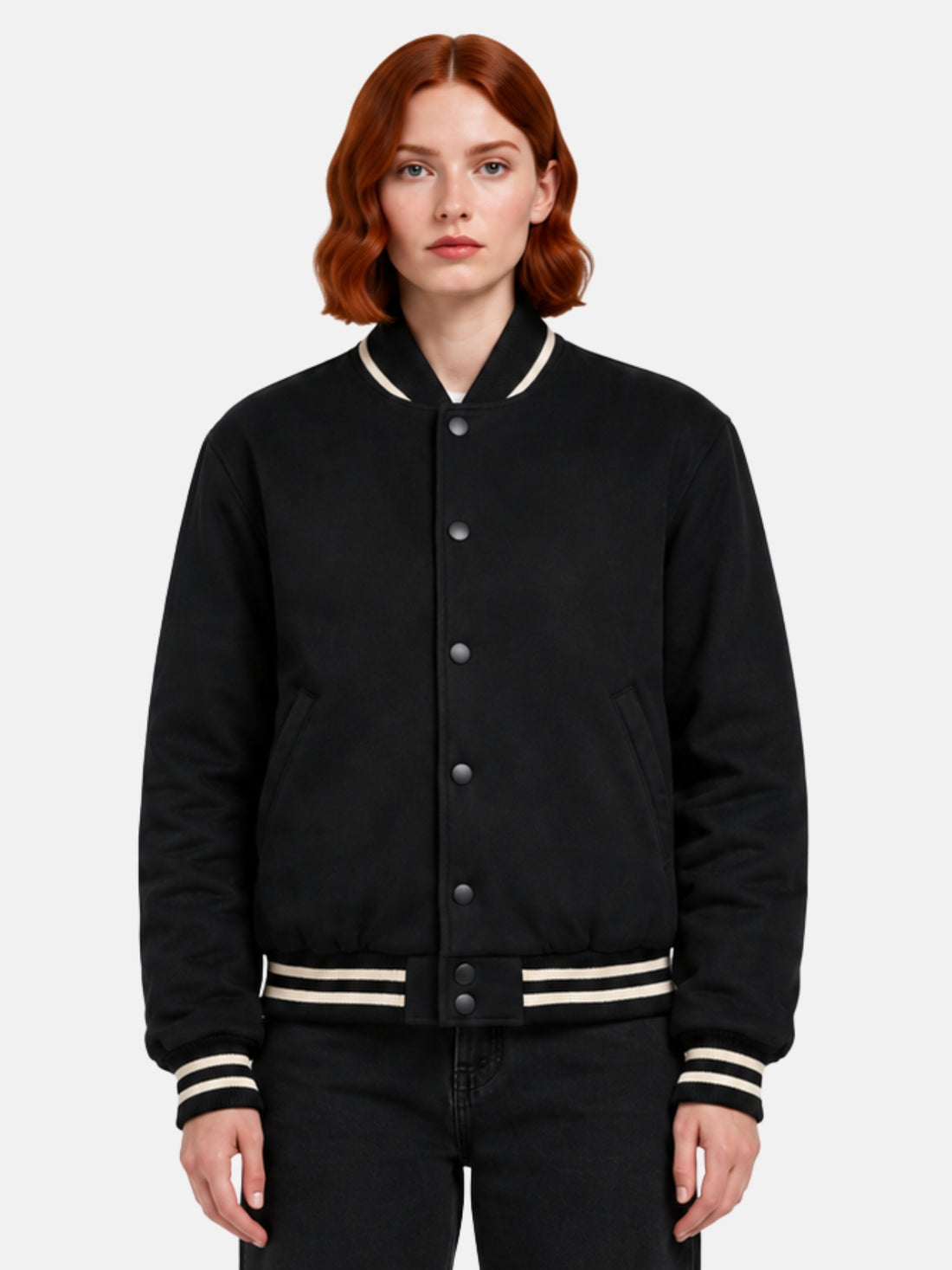 Black suede-finish varsity jacket with cream ribbed collar trim