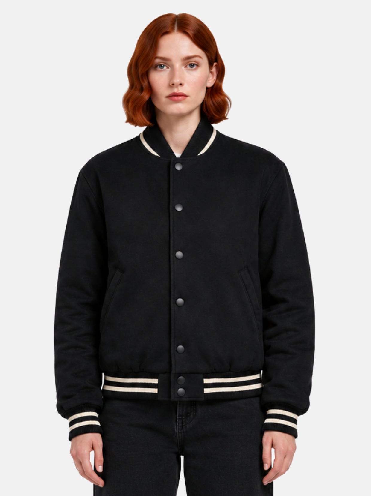 Black suede-finish varsity jacket with cream ribbed collar trim