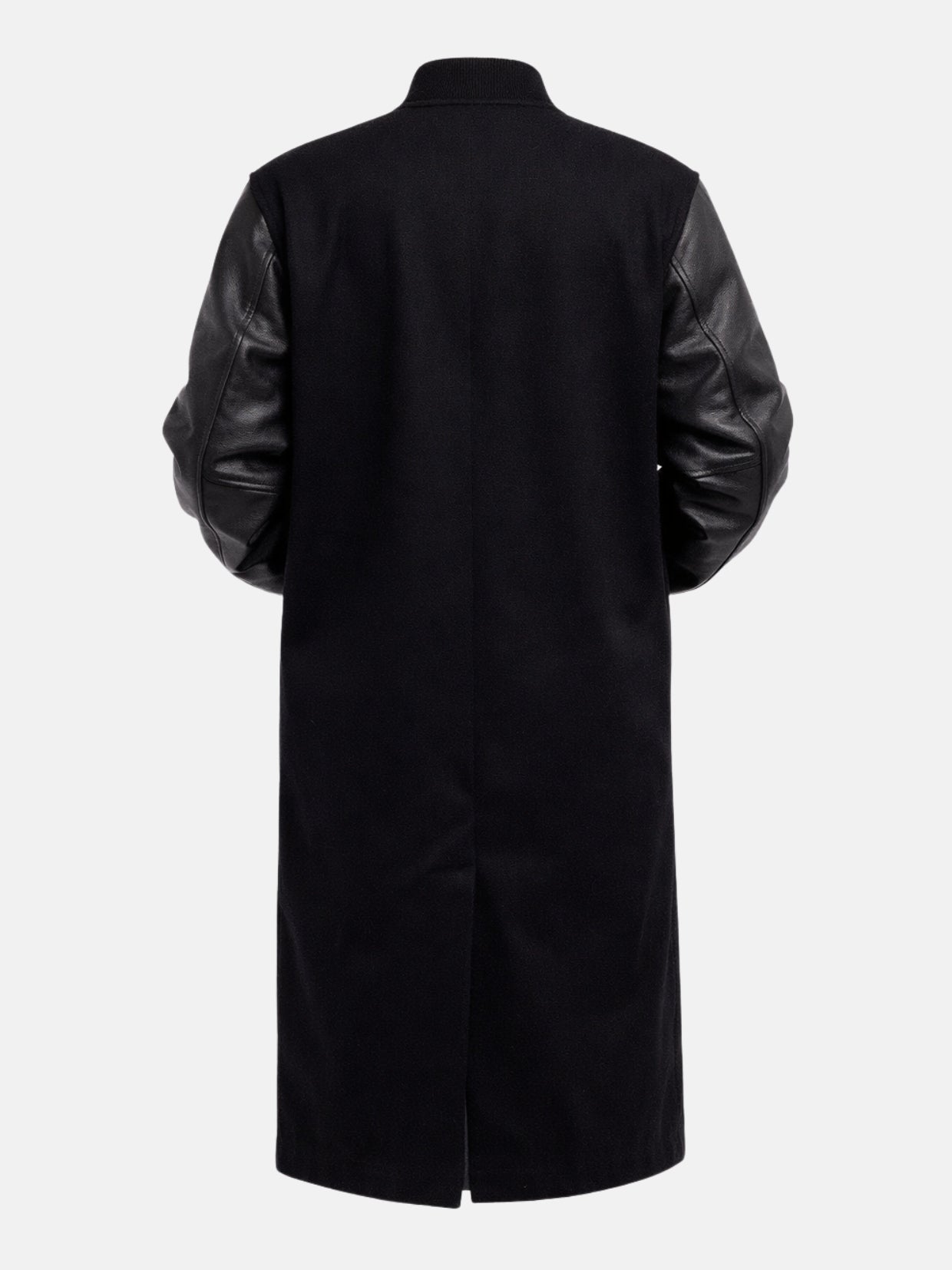 Flat back shot of black longline varsity coat with black leather sleeves