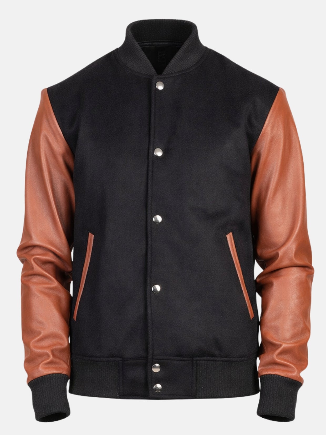 Black wool varsity jacket with cognac sleeves, nickel snaps and black ribbed trims