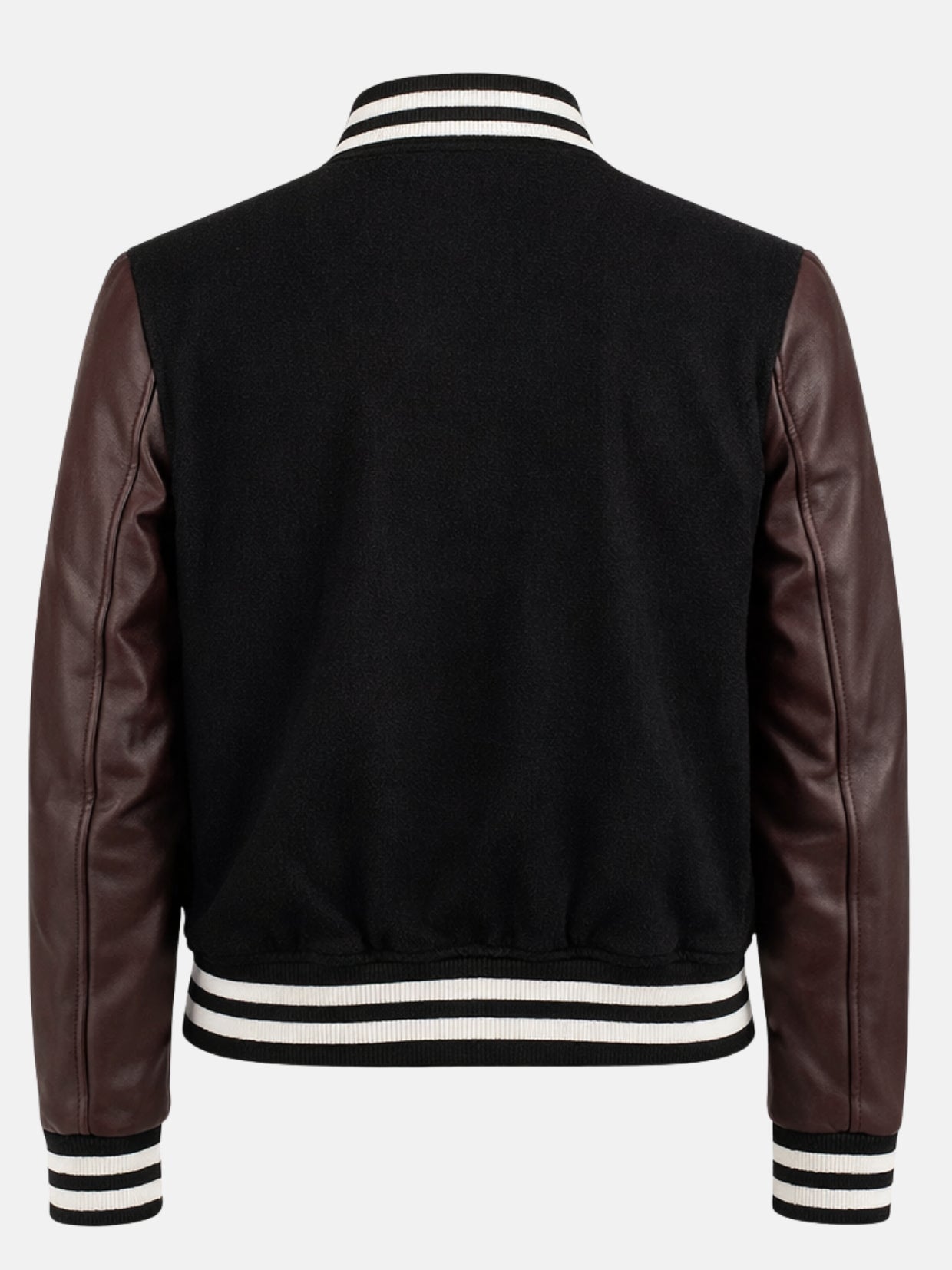 Flat back shot of black wool varsity jacket with burgundy leather sleeves