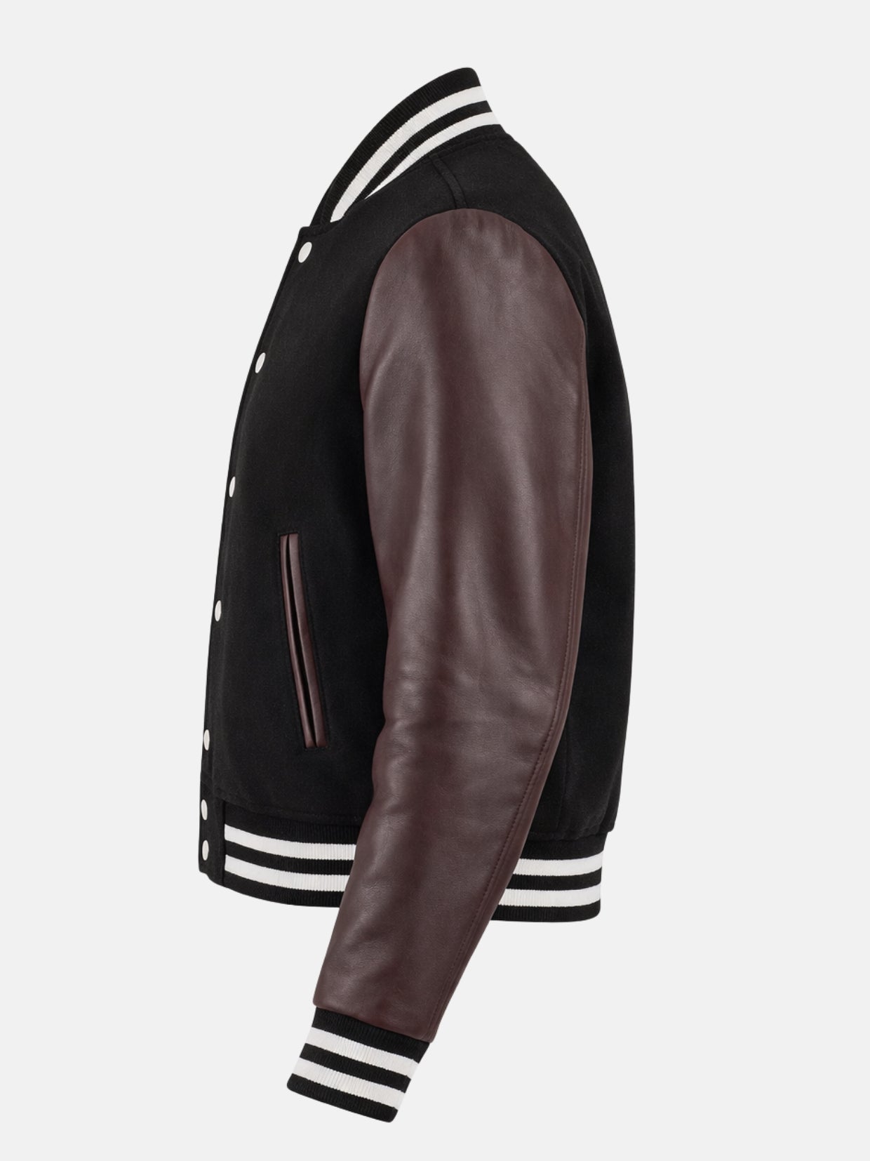 Side view of black varsity jacket with oxblood sleeve and striped cuffs