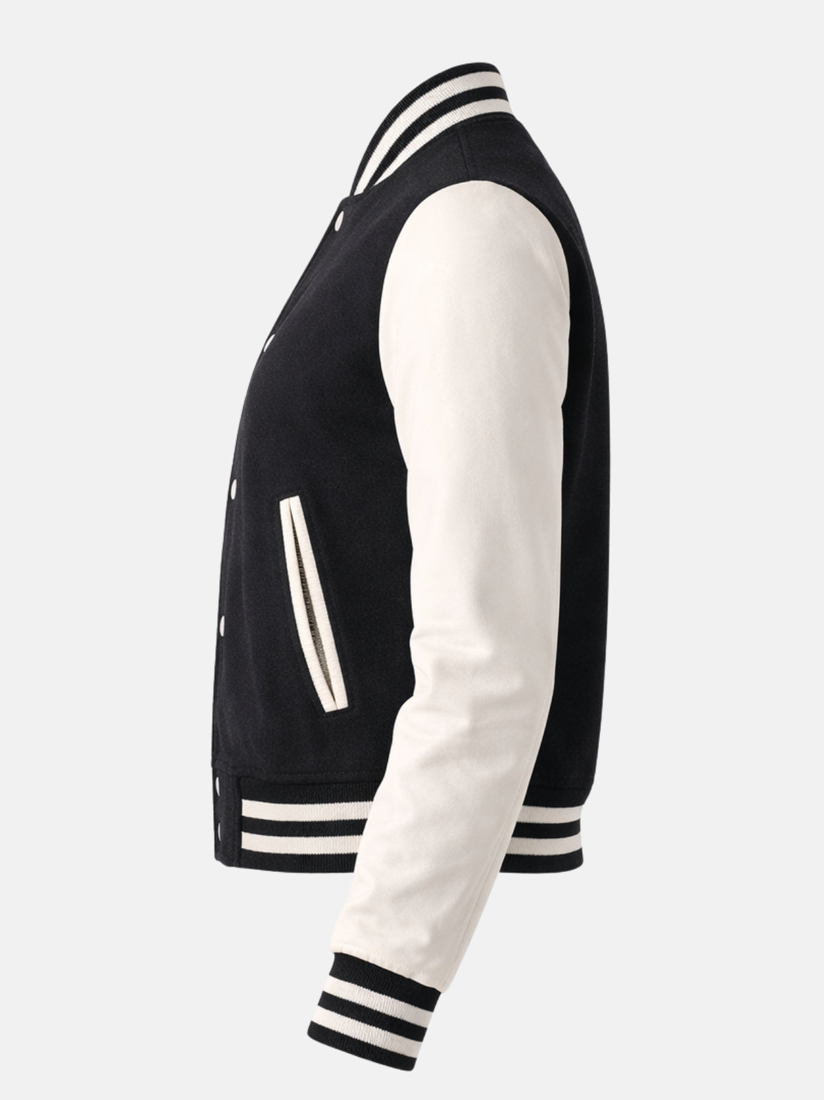 Side view of black varsity jacket with cream sleeves and striped hem