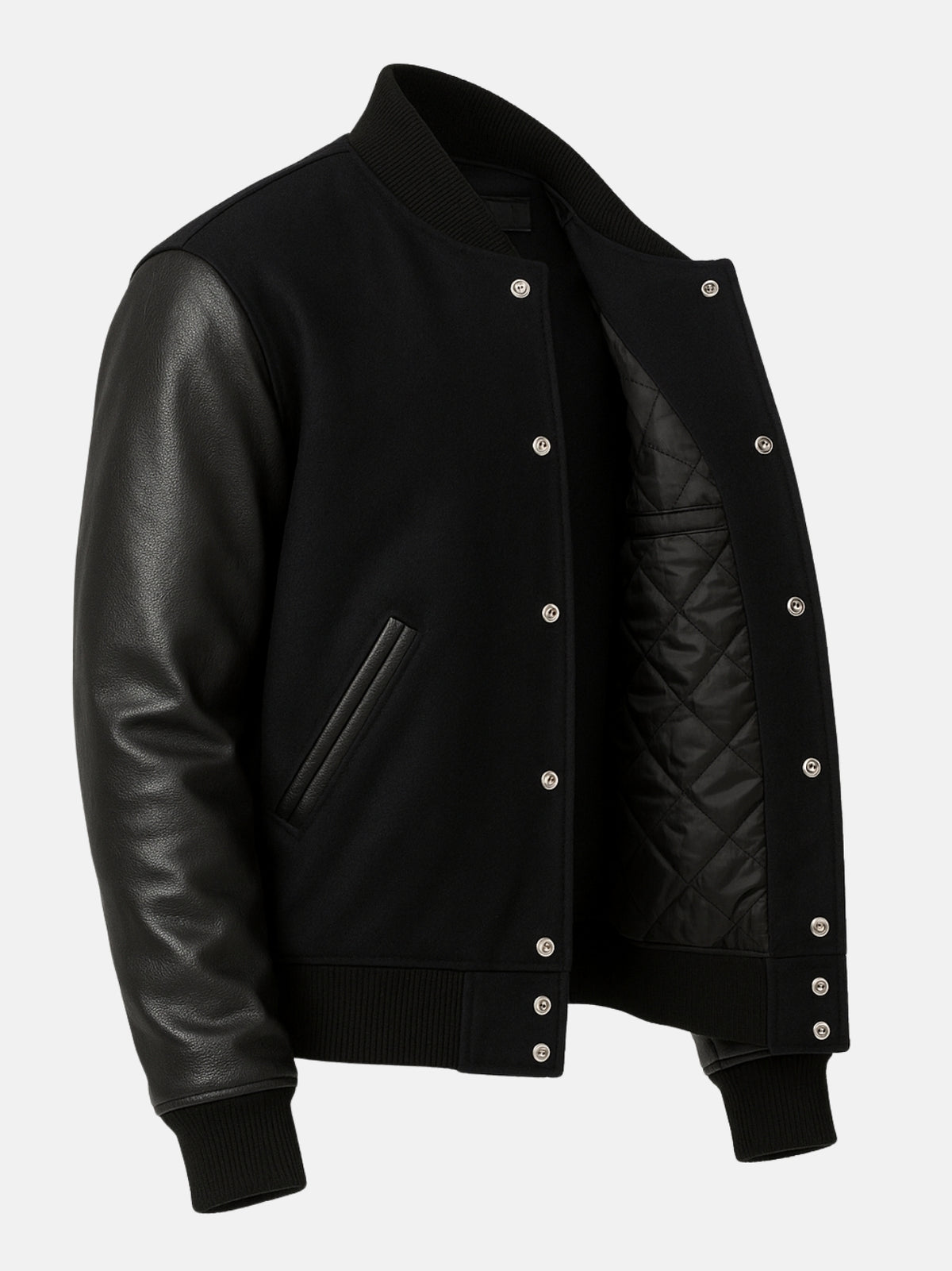 Diamond-quilted black interior lining inside wool and leather varsity jacket, open front view