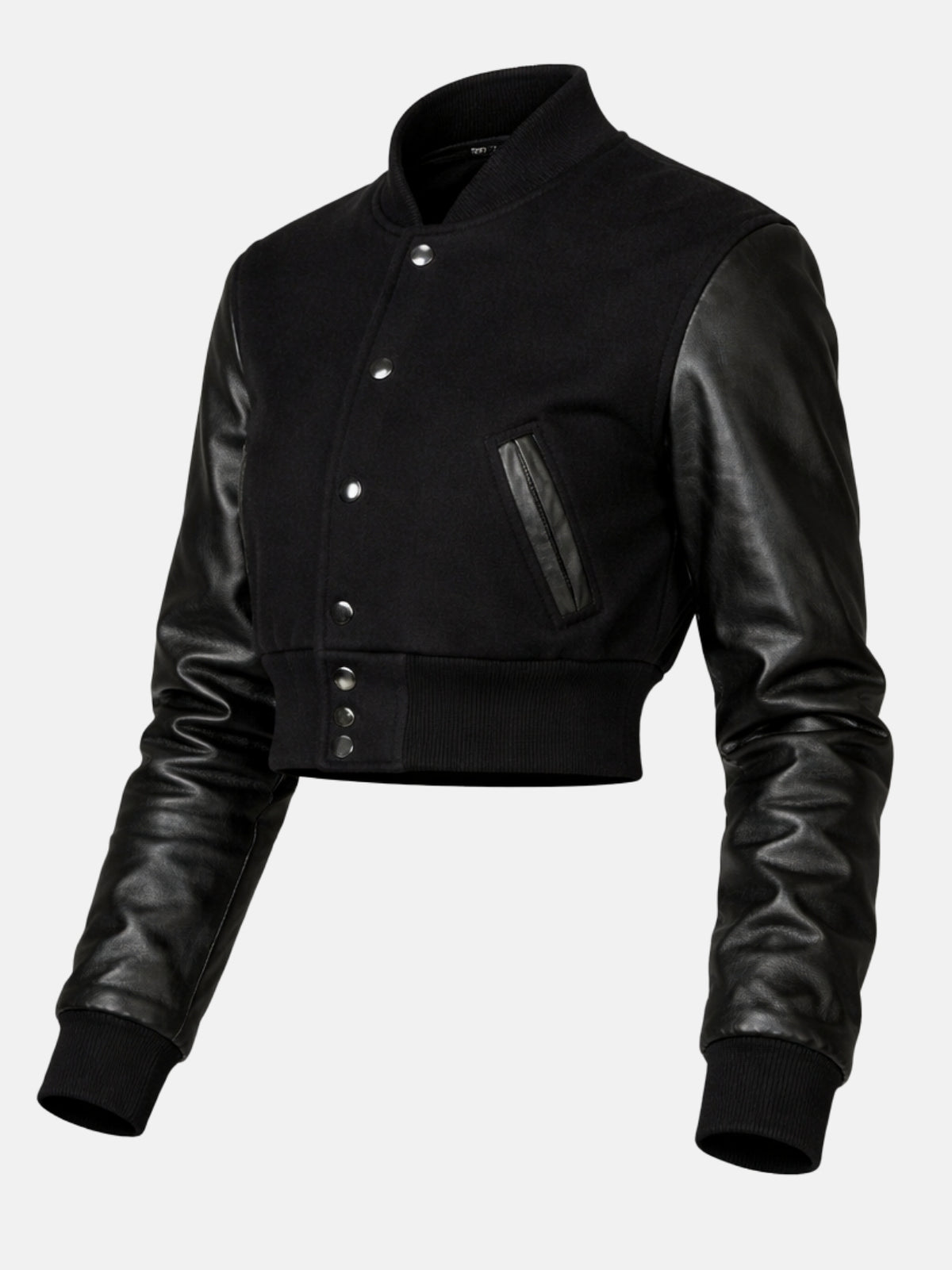 Angled flat lay of black leather-sleeve varsity jacket showing besom pocket and snap placket