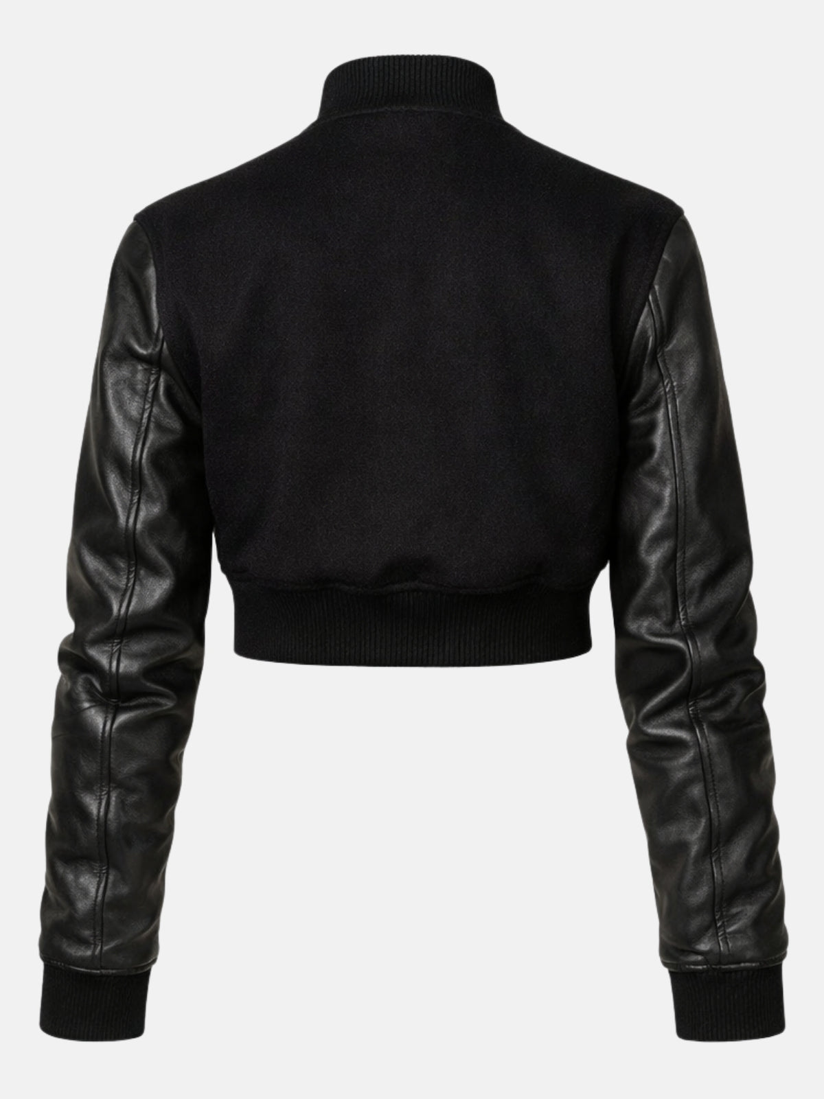 Flat lay back of black varsity jacket showing wool back panel and set-in leather sleeve seams