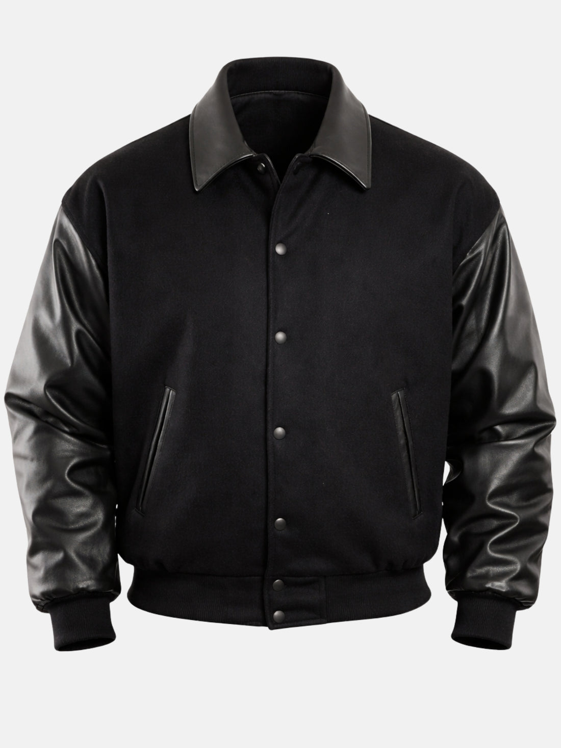 Man wearing an all-black oversized varsity jacket with leather collar and snap front