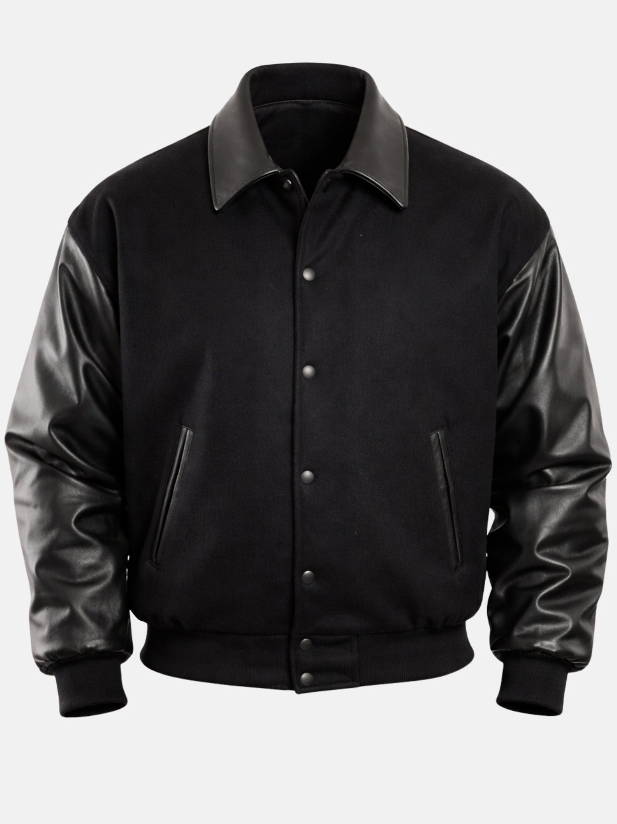 Front flat shot of a black varsity jacket with leather point collar and matte snaps