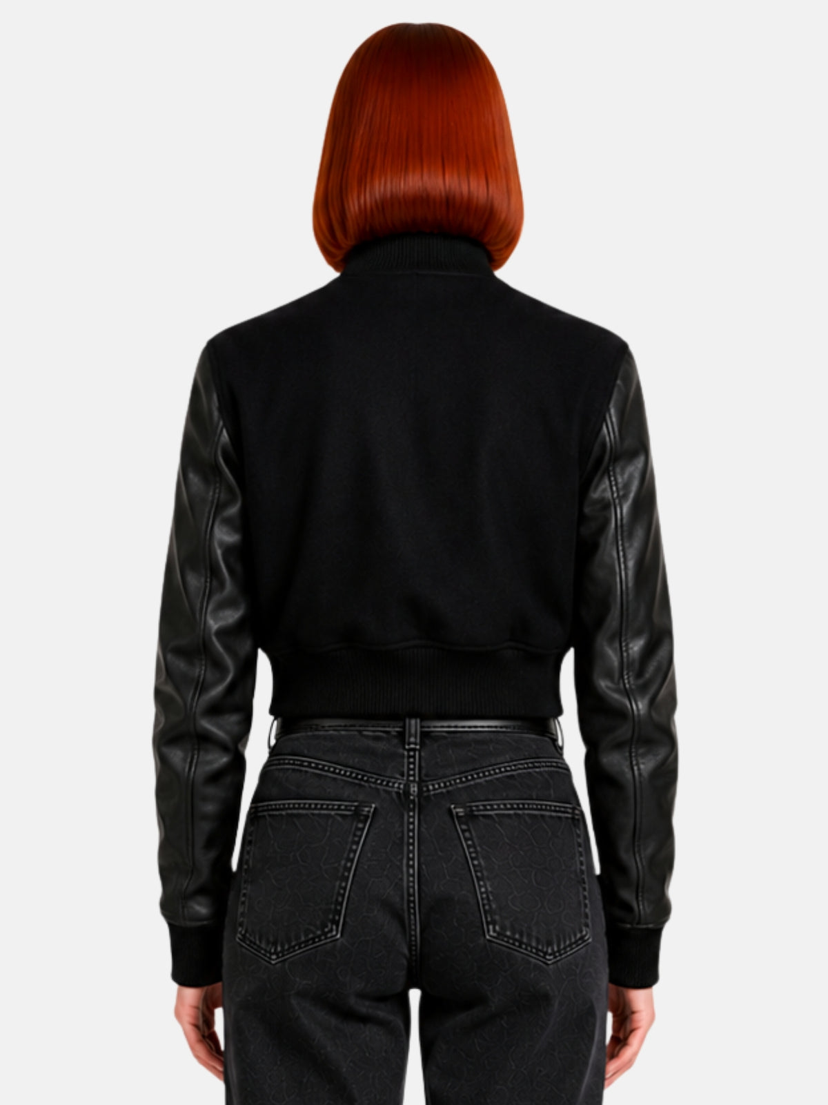 Back view of black cropped varsity jacket, solid wool panel with ribbed tonal collar