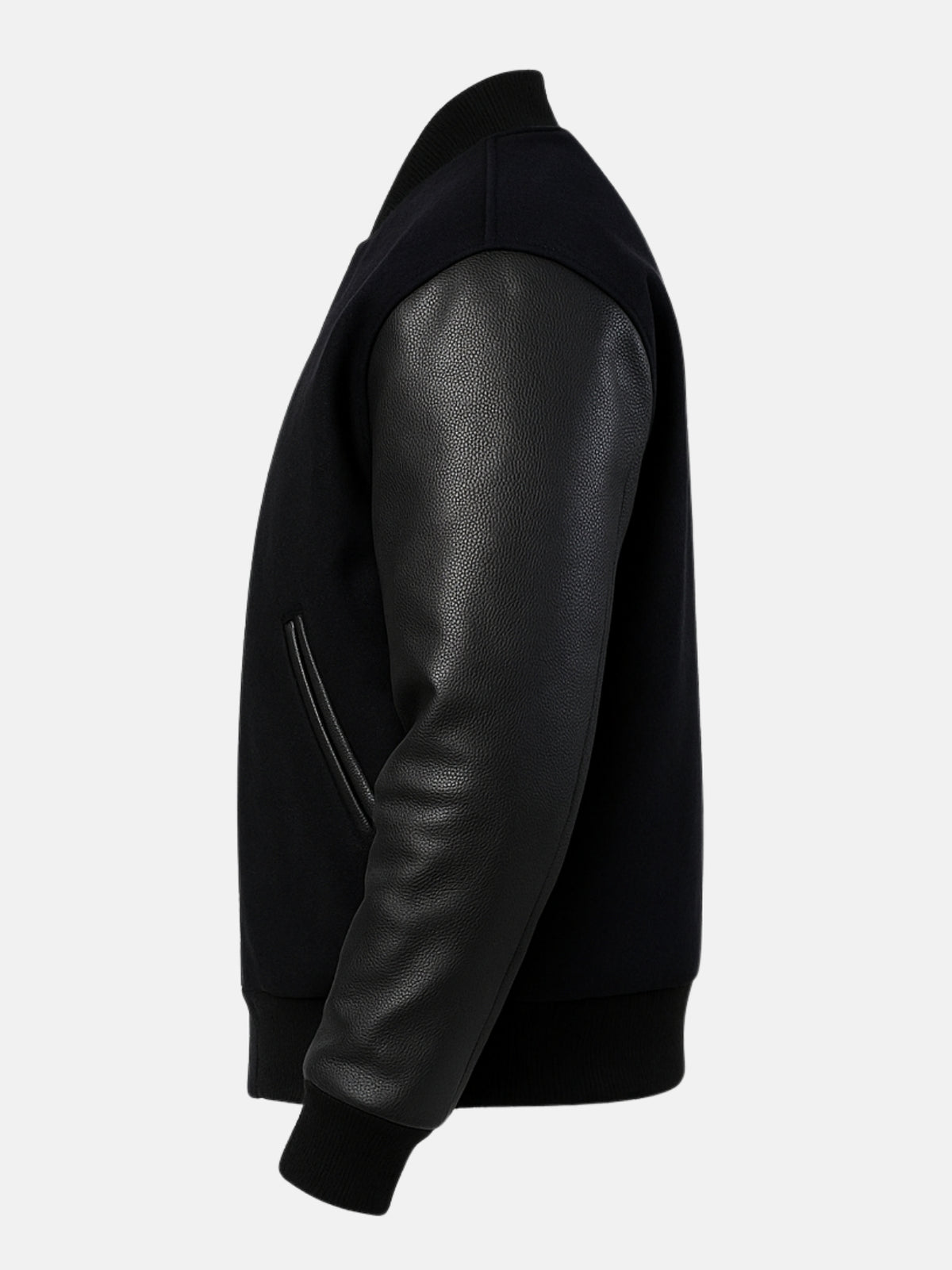 Black leather-trimmed welt pocket detail on monochrome wool college jacket, side angle