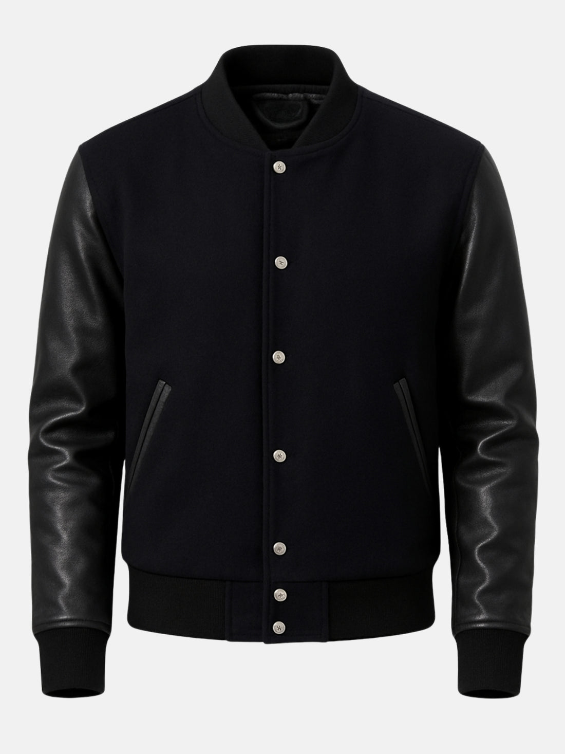 Man in all-black wool varsity jacket with leather sleeves and nickel snap front, size Medium