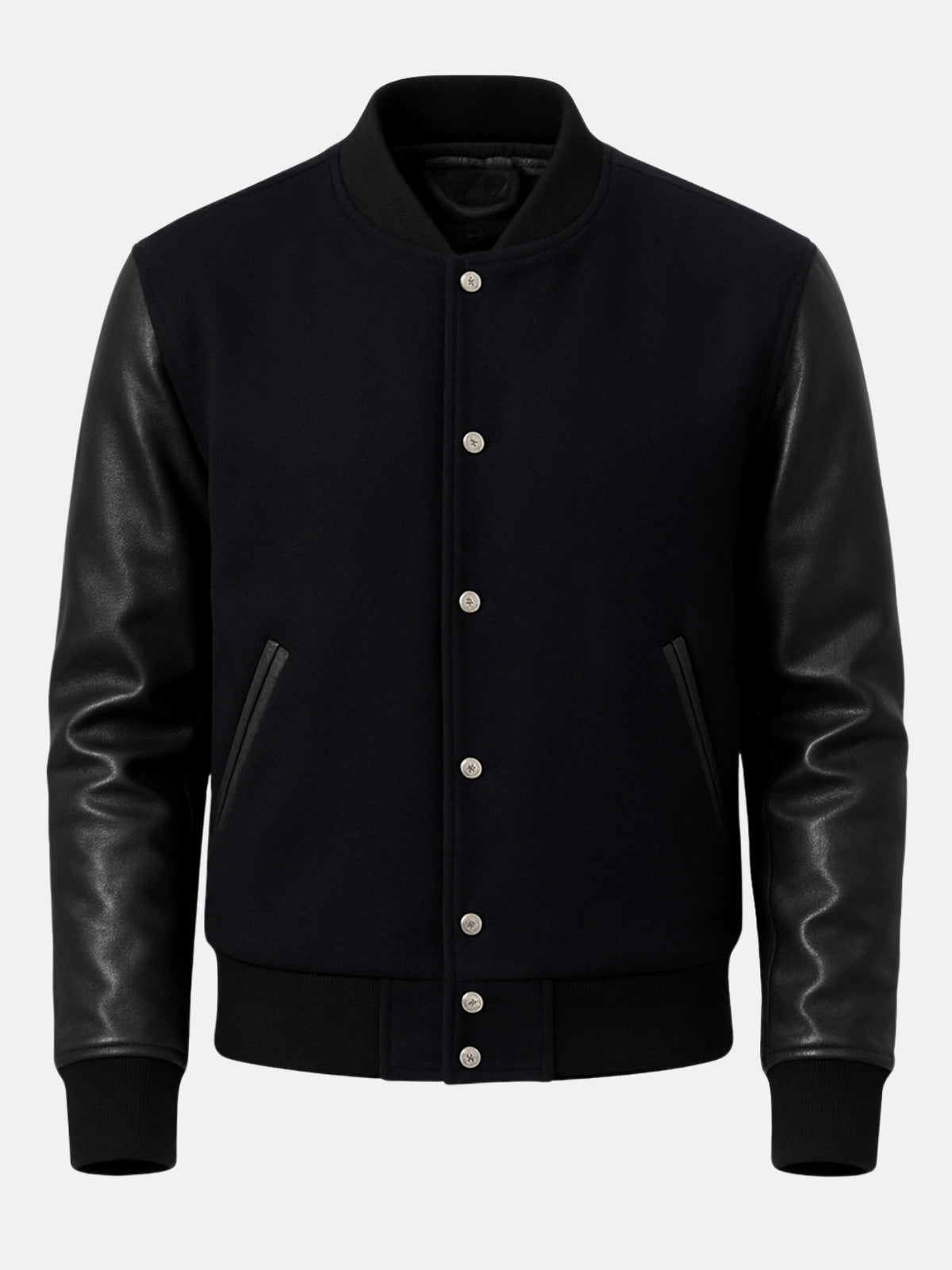 Black melton wool varsity jacket with nickel snaps and leather-trimmed welt pockets, front view