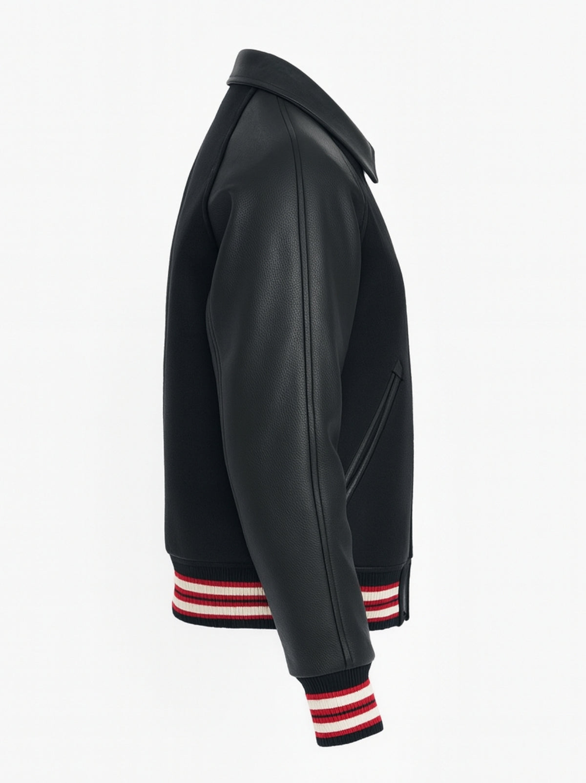 Pebbled black leather raglan sleeve with red and cream striped cuff on wool varsity jacket